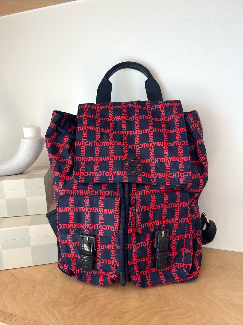 Tory Burch Quinn Nylon Red Blue Spellout Americana USA Plaid Flap Backpack Bag